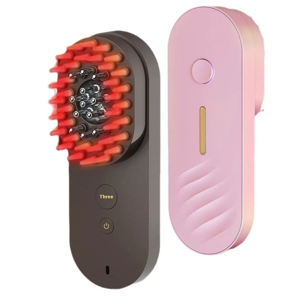 Smart massage comb with red light therapy function in pink or black colour options