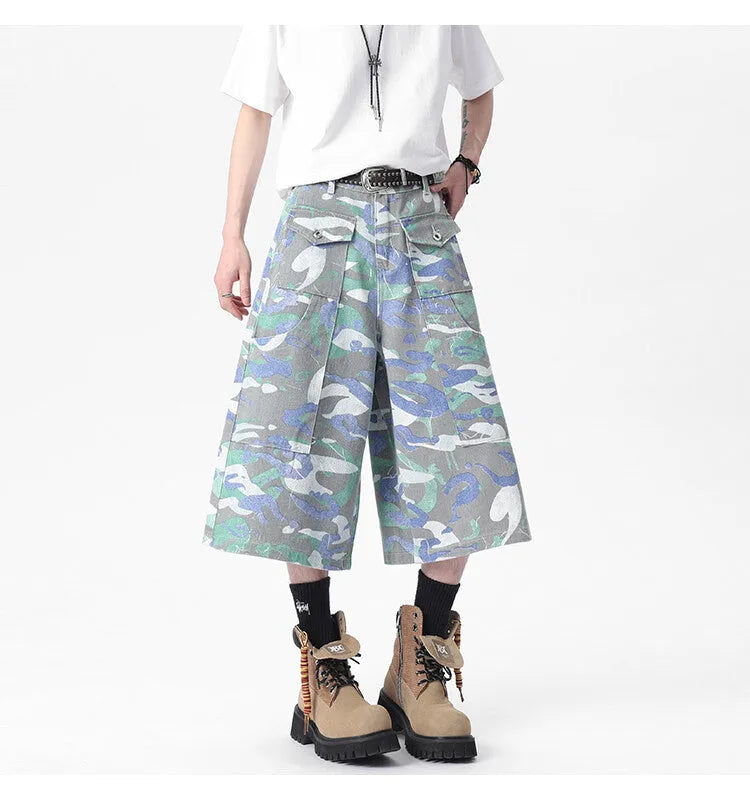 Camouflage print denim cargo trousers with multiple pockets and cropped straight-leg cut