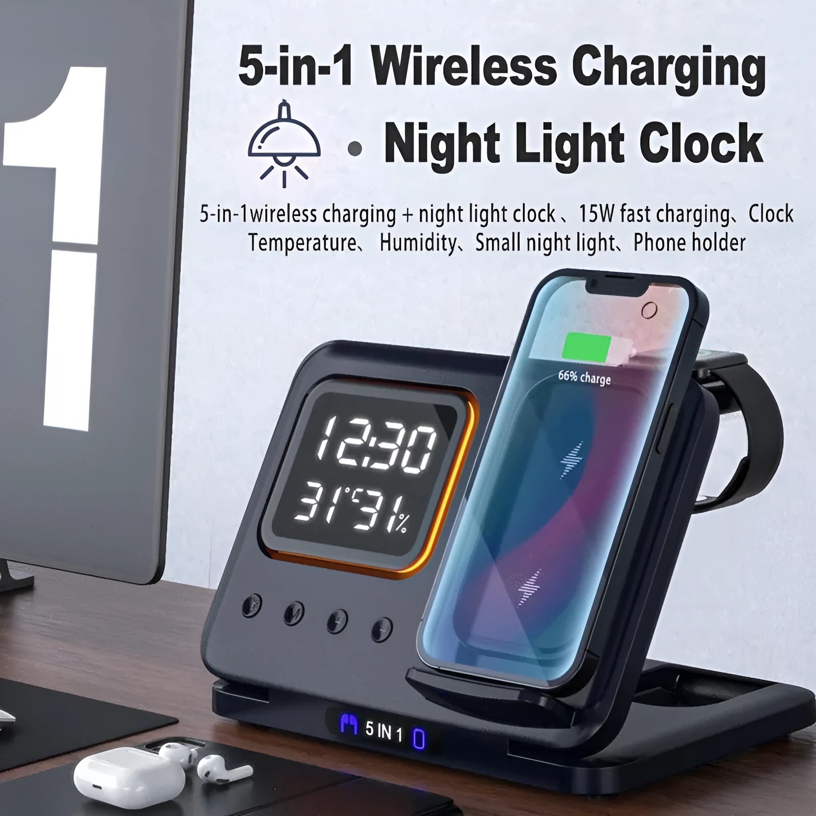 Black and white wireless charging dock station with digital clock display, charging a phone, watch, and headphones.