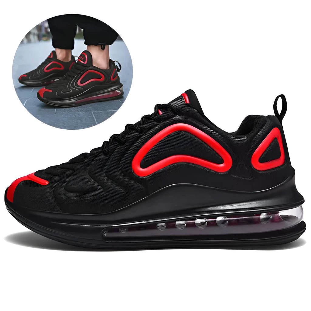 Men's black casual sneakers with lace-up front, thick sole, and round toe design