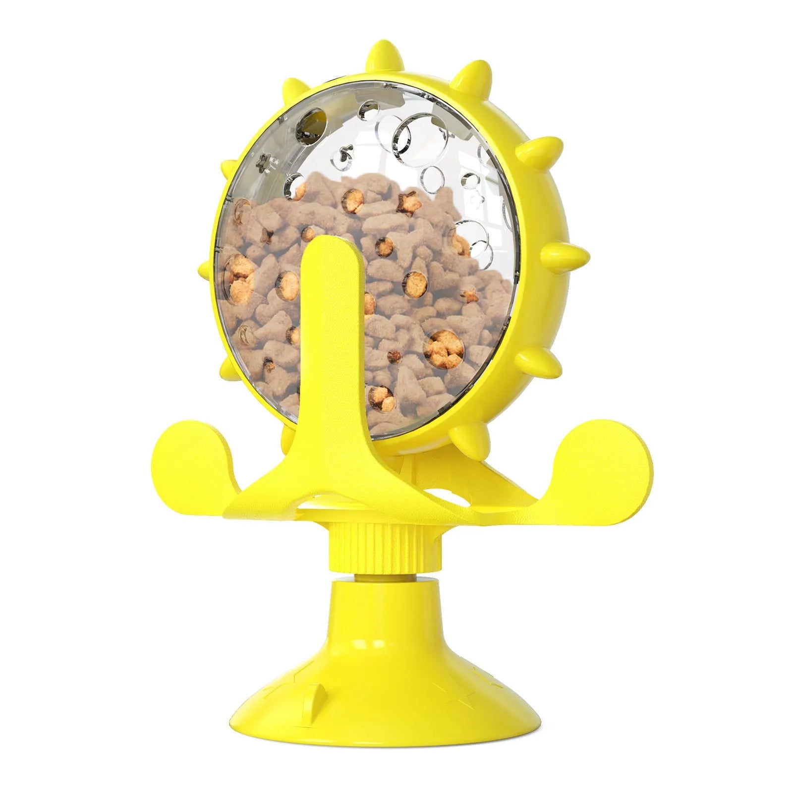 Interactive pet puzzle feeder toy with spinner and suction cup base in assorted colours