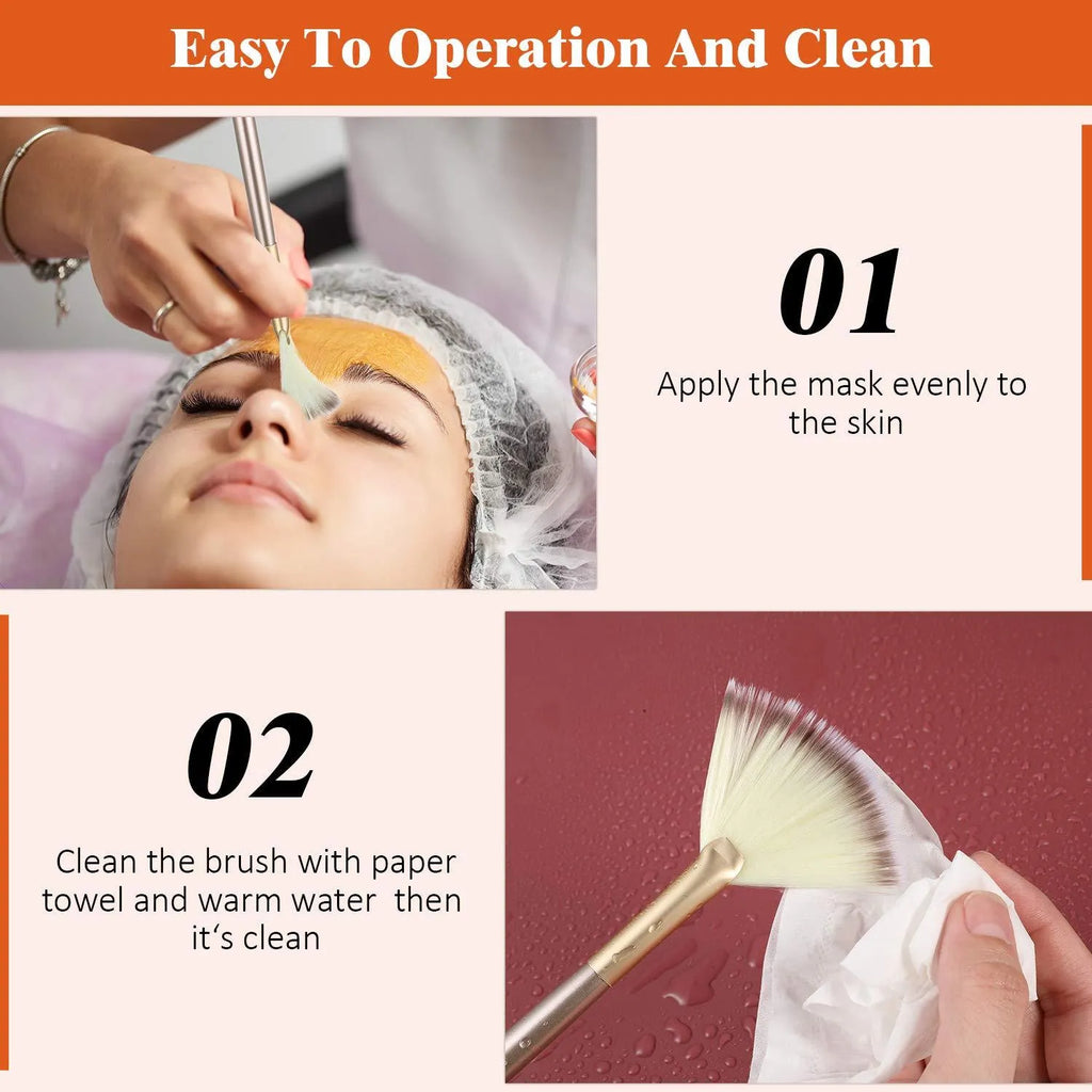 Ten champagne-coloured facial fan brushes with acrylic handles and protective covers laid out.