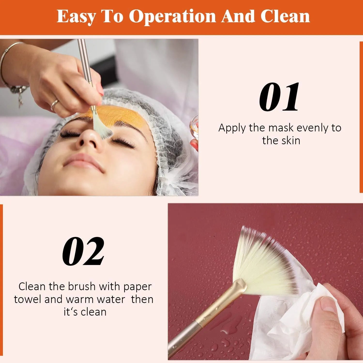 Ten champagne-coloured facial fan brushes with acrylic handles and protective covers laid out.