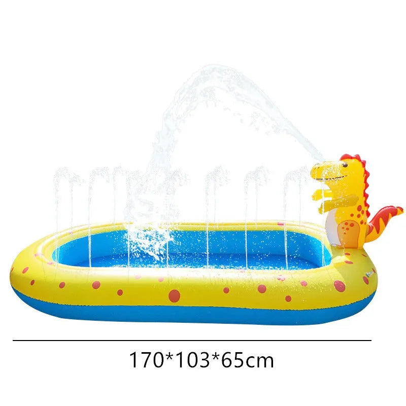 Blue and yellow inflatable dinosaur and shark themed water spray pool for kids in a garden.