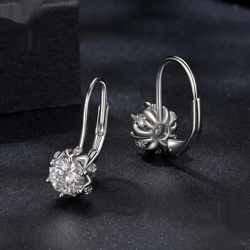 Silver flower bud ear clip earrings with moissanite stone and white gold plating
