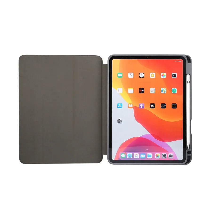 Tri-fold marbling design iPad case with pen slot in dark grey colour showing protective features