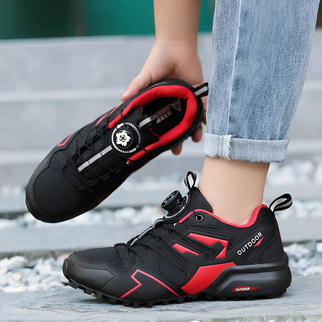Men's beige hiking shoes with elastic band closure and rubber sole for outdoor activities