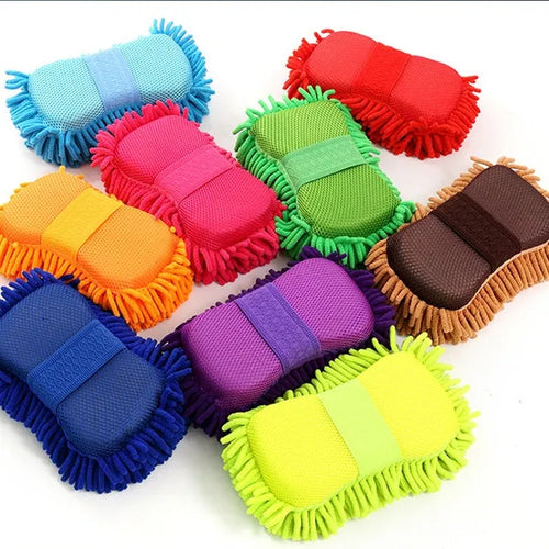 Silver green car wash sponge measuring 14cm by 25cm with chenille microfiber construction