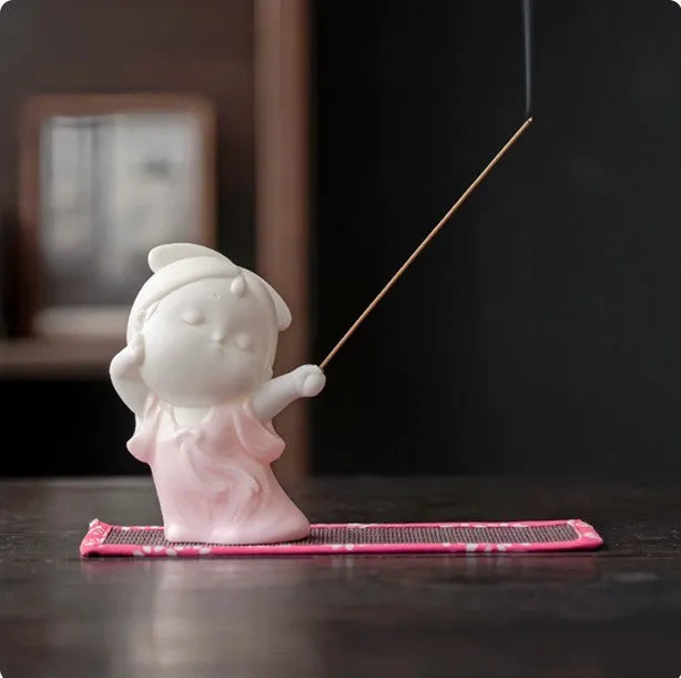Ceramic cute female court attendant figurine incense burner decoration.