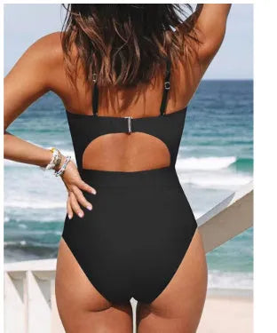 Women's solid colour backless one-piece swimsuit in black, red, or blue