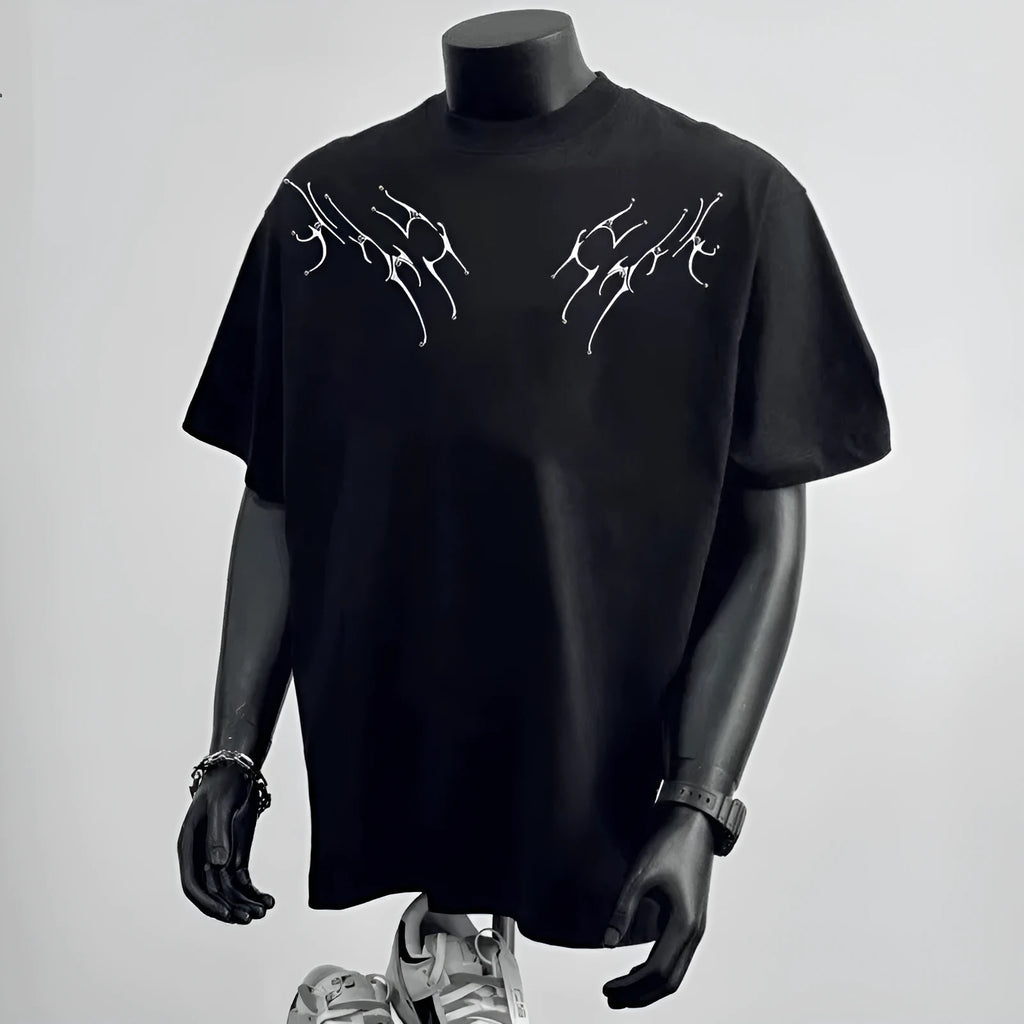 Men's loose fit cotton short sleeve shirt in black colour with printing design for business commuting