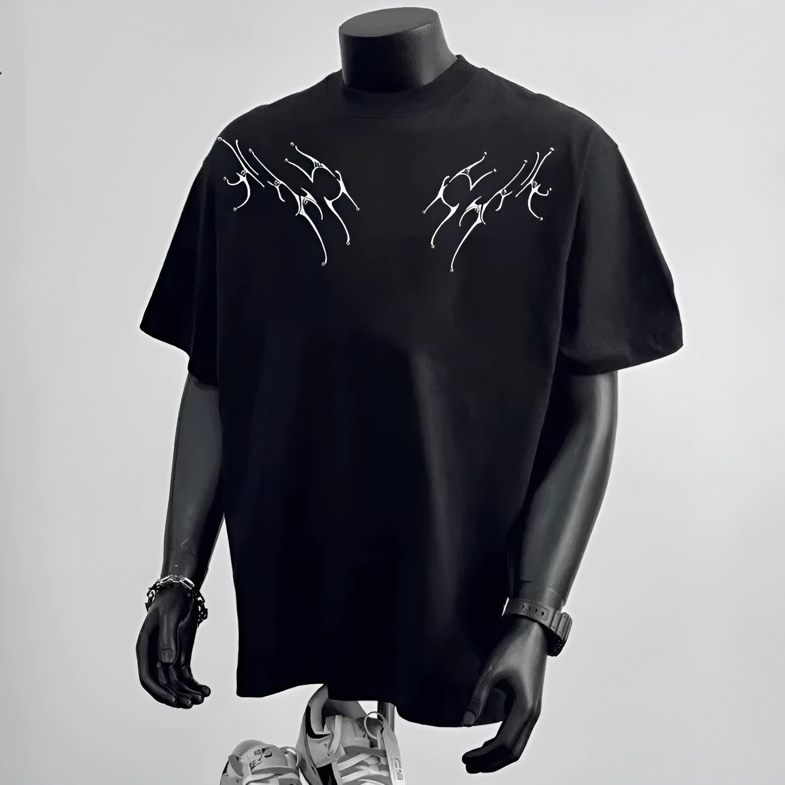 Men's loose fit cotton short sleeve shirt in black colour with printing design for business commuting