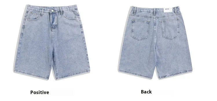 Men's light blue denim shorts with straight-leg fit and mid waist on a white background.