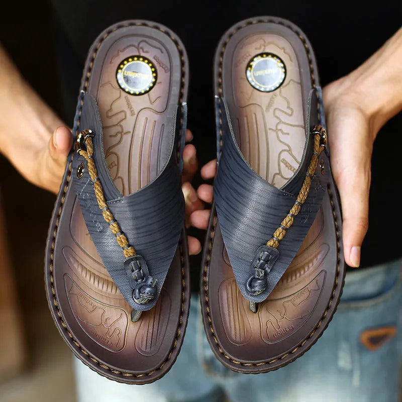 Men's dark blue herringbone pattern outdoor slippers with rubber sole showing size range 38-46