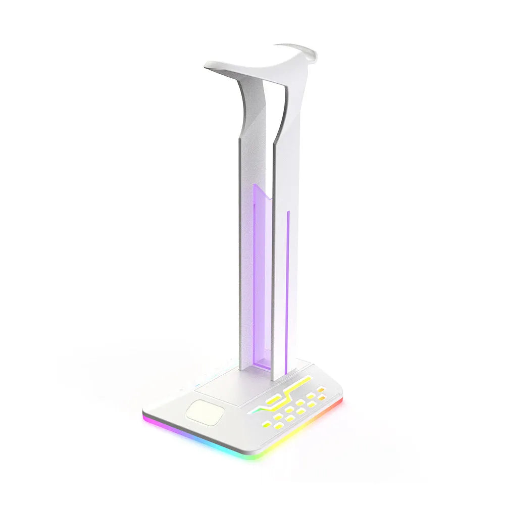Headphone display rack with RGB lighting and dual USB ports in black acrylic design