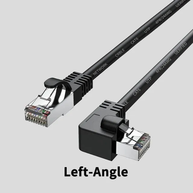 Right-angle Cat6 Ethernet cable with RJ45 connector in various colour options