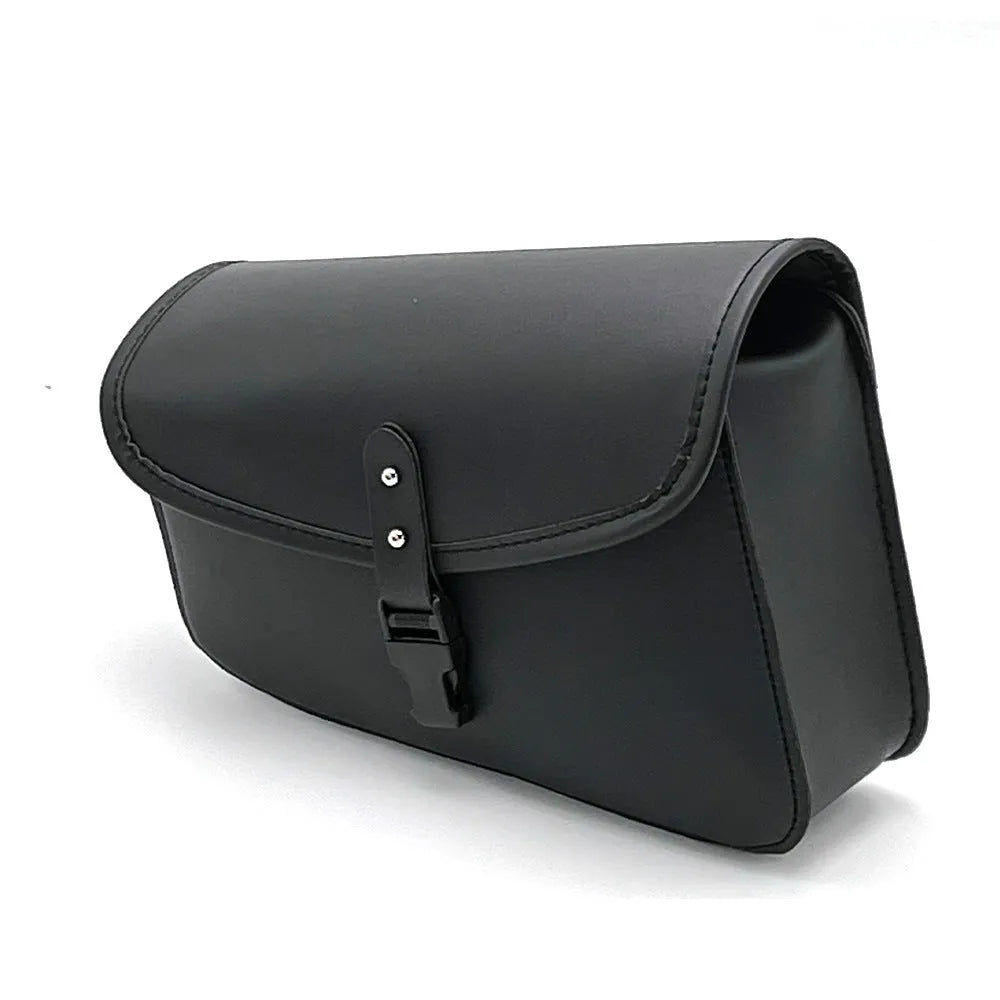 Black motorcycle swingarm saddlebag mounted on Harley-Davidson Sportster side