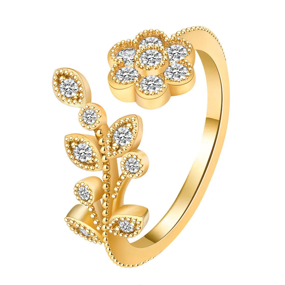 Women's copper floral open ring with diamond finish showing gold and white colour options