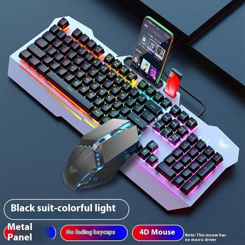 Metal mechanical keyboard bundle with gaming mouse, headset, and optional mouse pad on a desk.