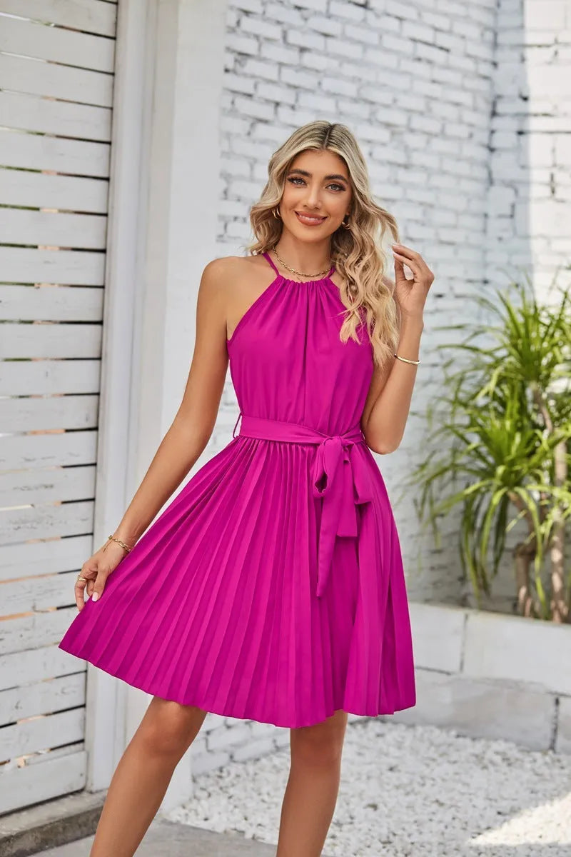 Women's black halter-neck strapless chiffon dress with pleated midi skirt and adjustable waist belt