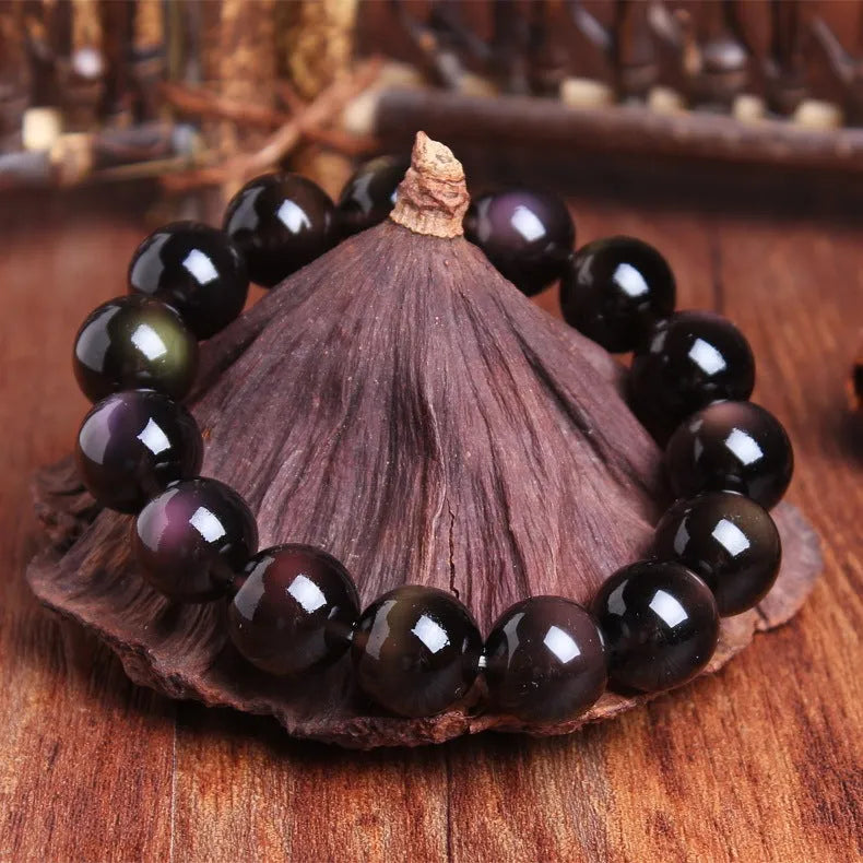 Polished icy obsidian crystal Pi Xiu bracelet with geometric beads in multiple sizes