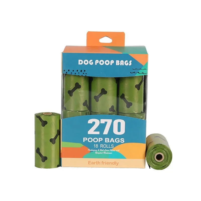Roll of army green degradable dog poop bags with black bone print, showing bag size of 23x33cm.