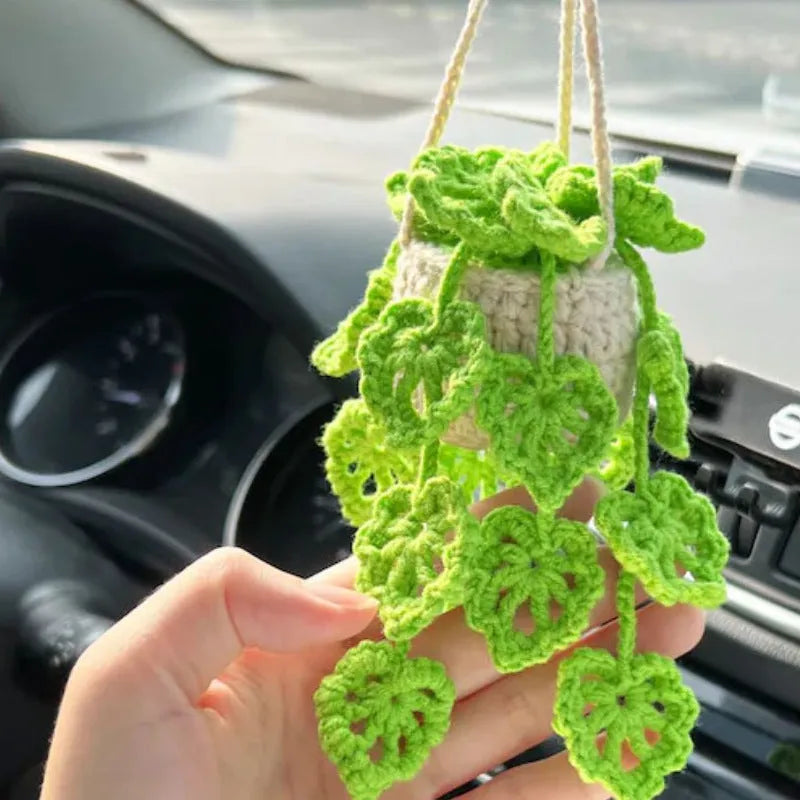 Green and white knitted wool car plant decoration with 25cm hanging rope