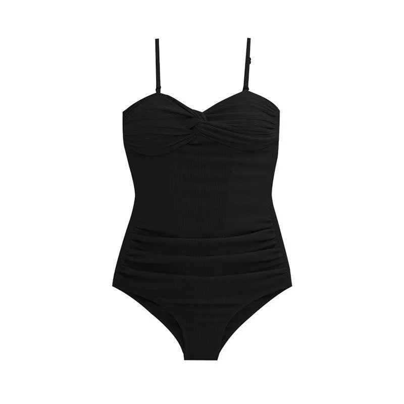 Black women's one-piece swimsuit with high waist and suspender-style straps on a mannequin.