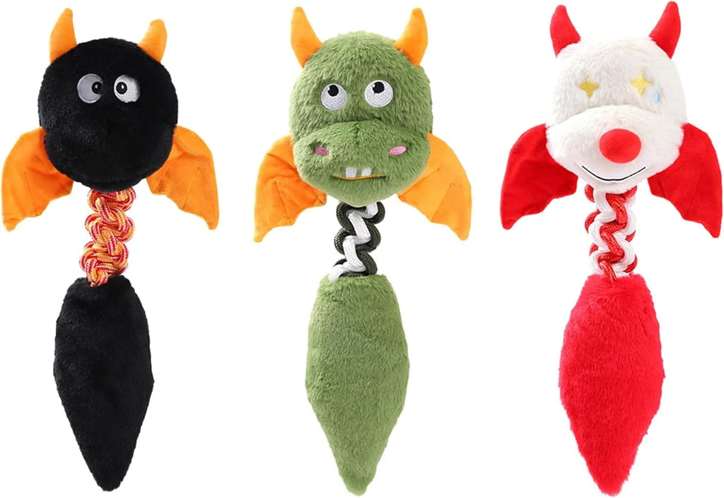 Plush dog toy with cartoon shape, rope knot, in black, green, or red on white background.