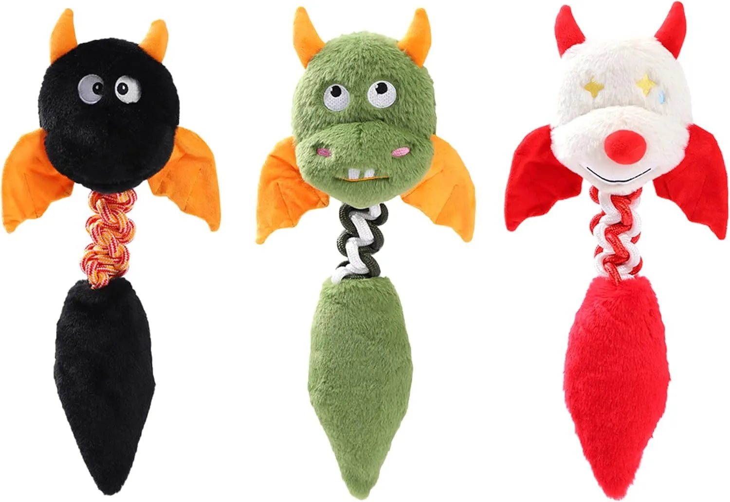 Plush dog toy with cartoon shape, rope knot, in black, green, or red on white background.