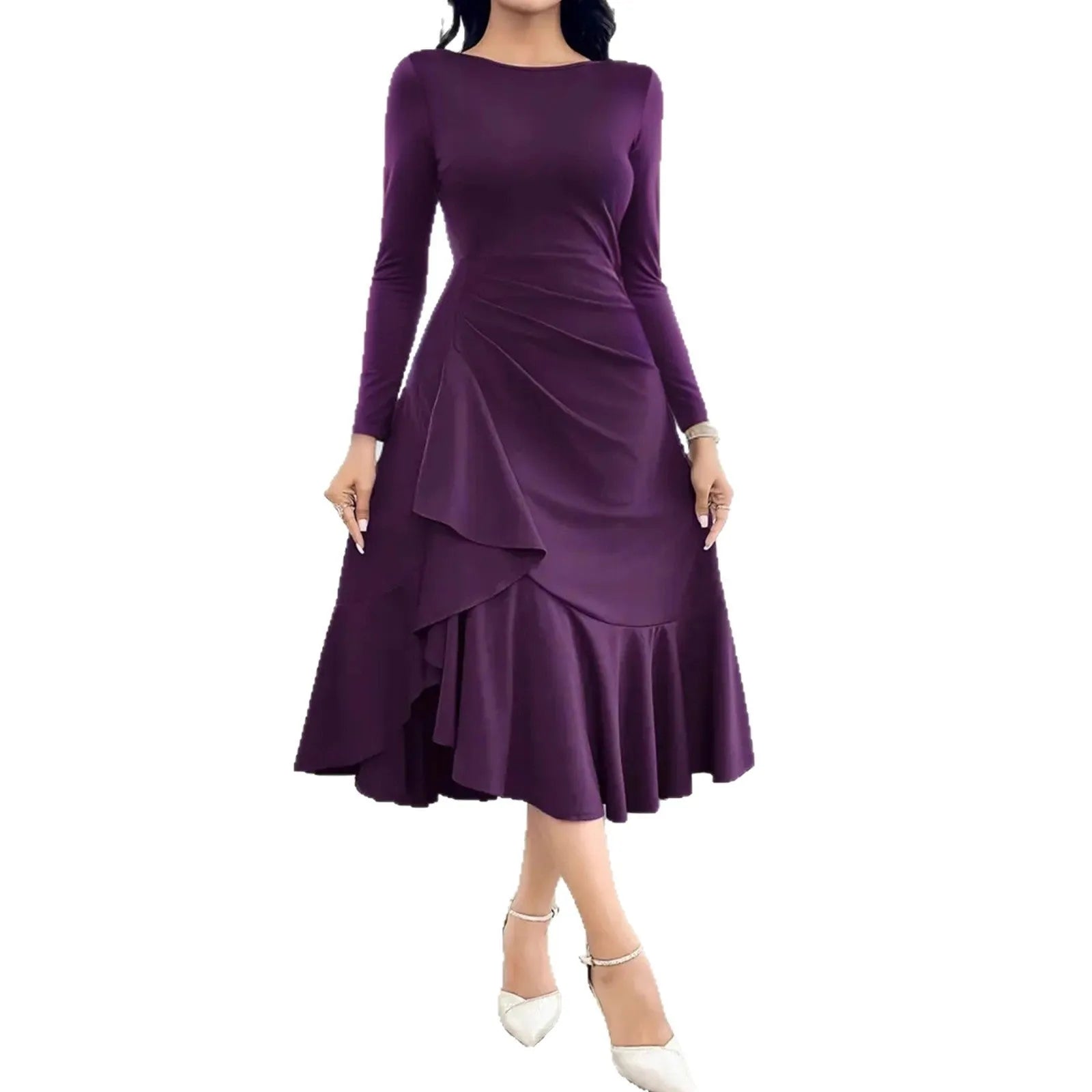 Purple women's long sleeve dress with ruffle detail and mid waist