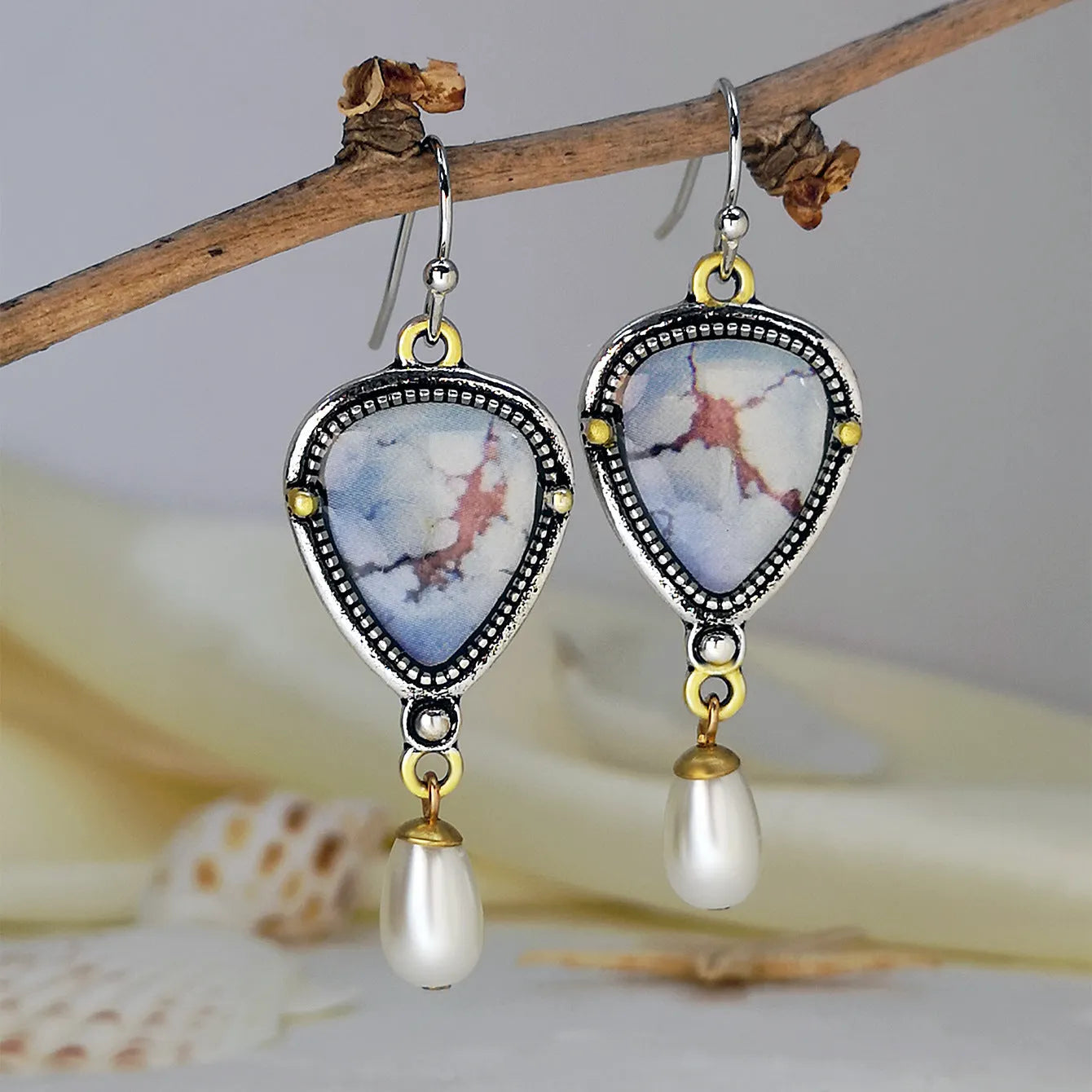 Retro blue geometric drop earrings with synthetic opal and pearl details