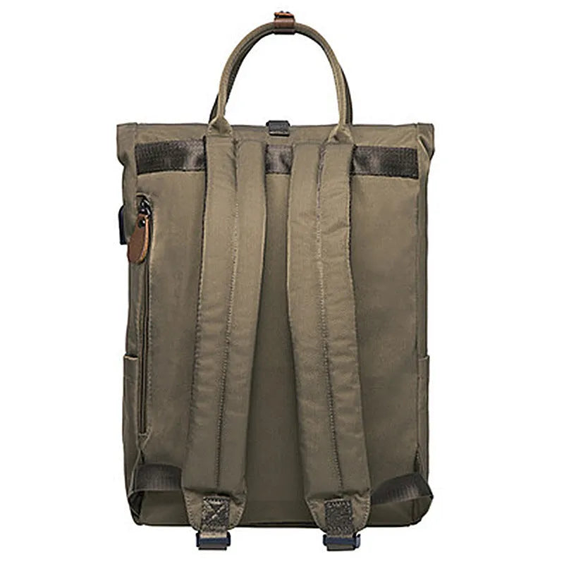 Polyester casual backpack with cover opening showing internal computer and zipper pockets