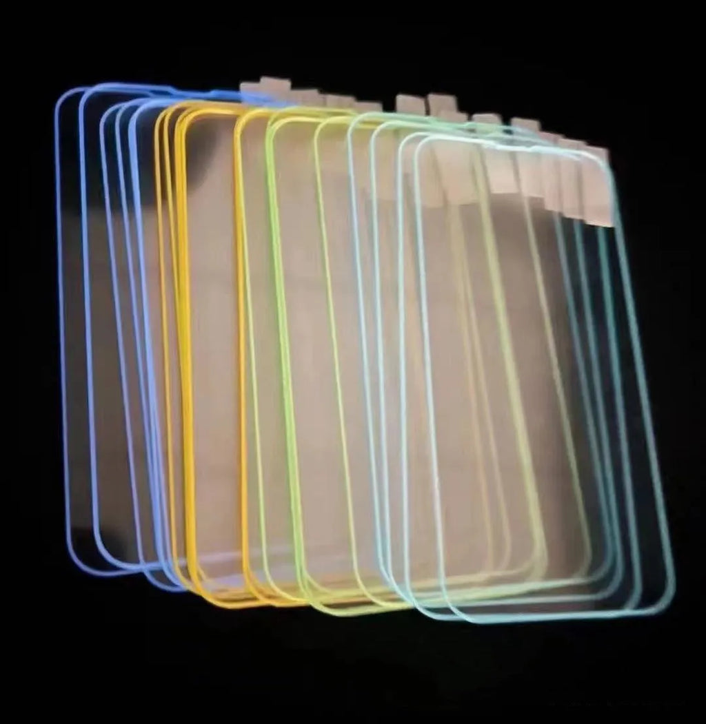 Fluorescent tempered glass screen protector for iPhone showing luminous pink, yellow, green, blue and grass green colour options.