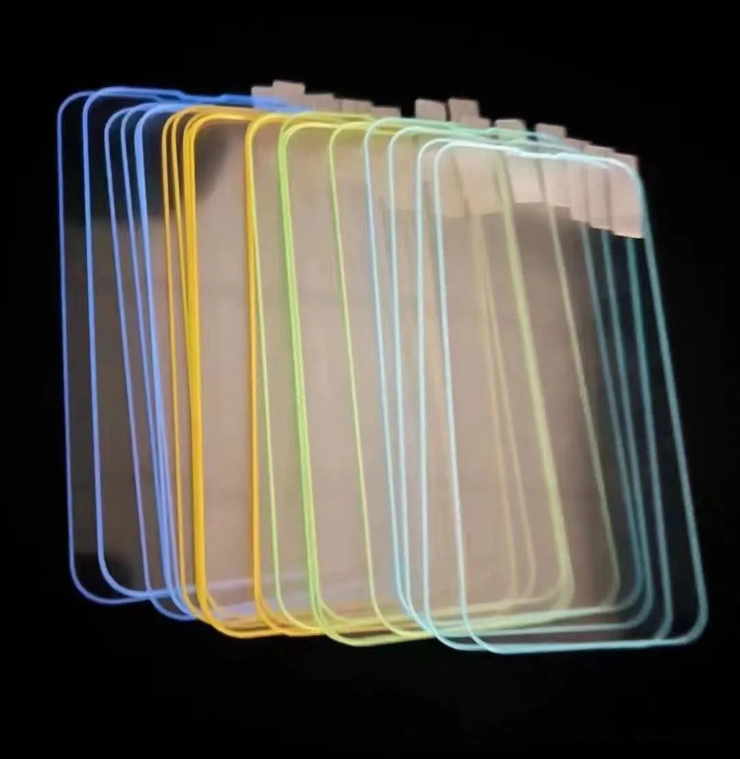 Fluorescent tempered glass screen protector for iPhone showing luminous pink, yellow, green, blue and grass green colour options.