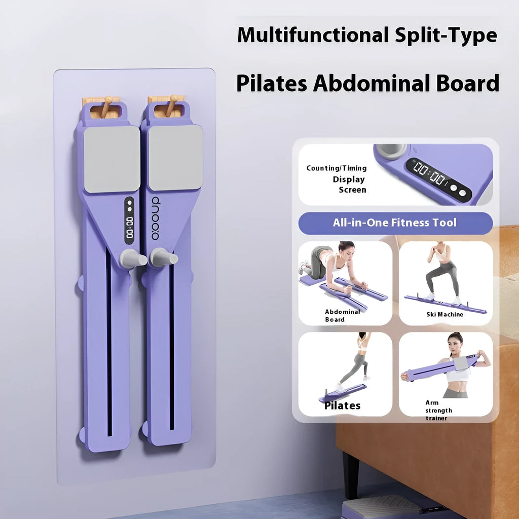 Compact purple split skiing machine trainer for home fitness on a wooden floor.
