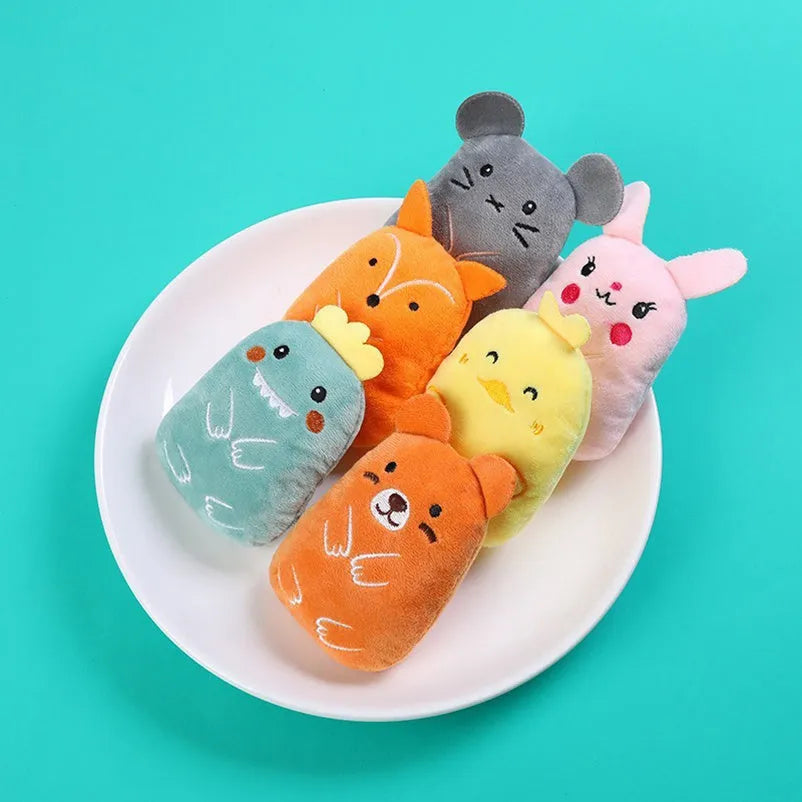 Small brown plush cat toy with catnip filling and squeaker for chewing and interactive play