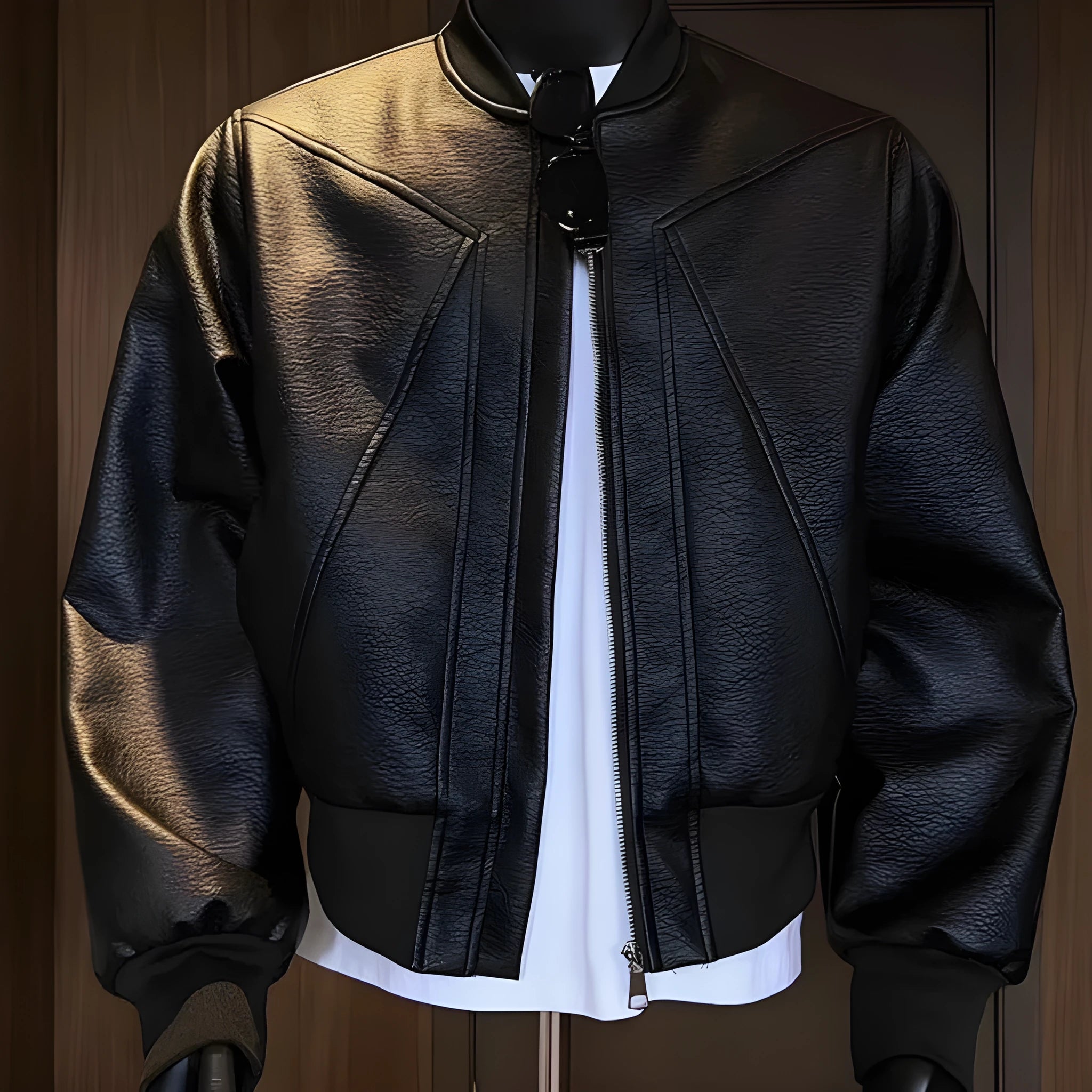 Man wearing a black slim-fit extended length PU leather jacket with a litchi pattern texture.