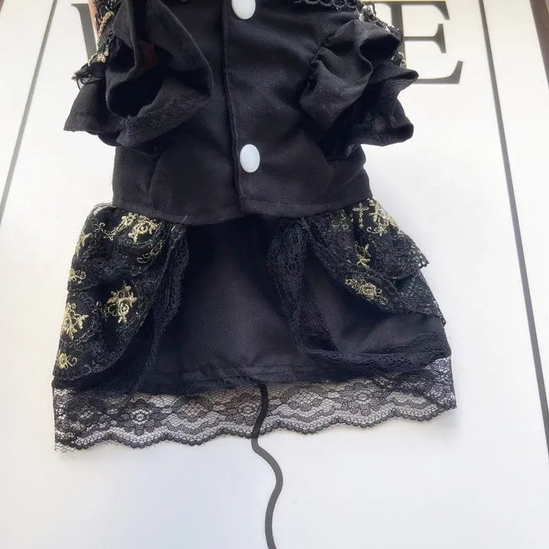 Golden gothic-style princess skirt pet clothing for cats or dogs on a mannequin