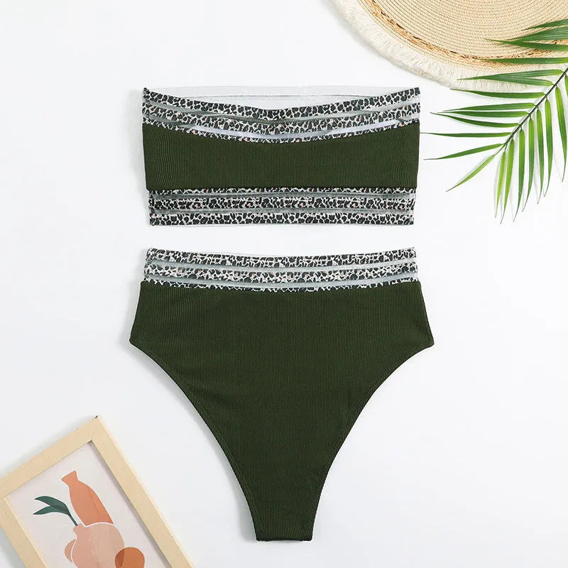 Black strapless bikini set with leopard pattern splicing detailing, showing bra and shorts pieces