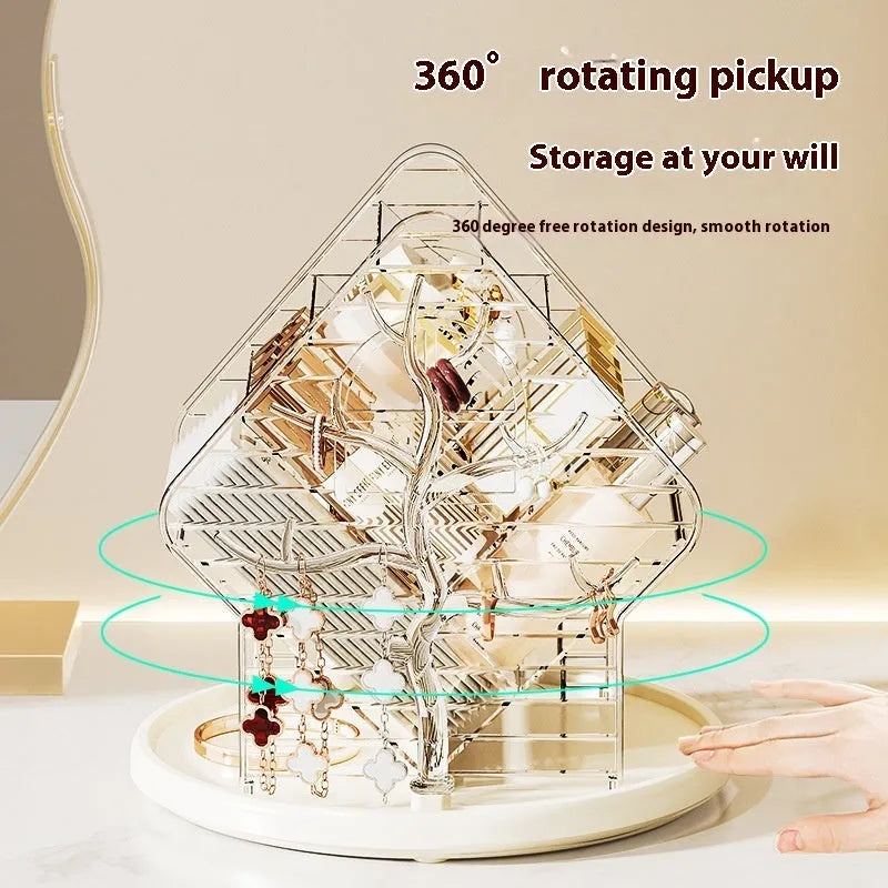 360-degree rotating cosmetics storage box in amber gold or clear plastic for makeup organisation