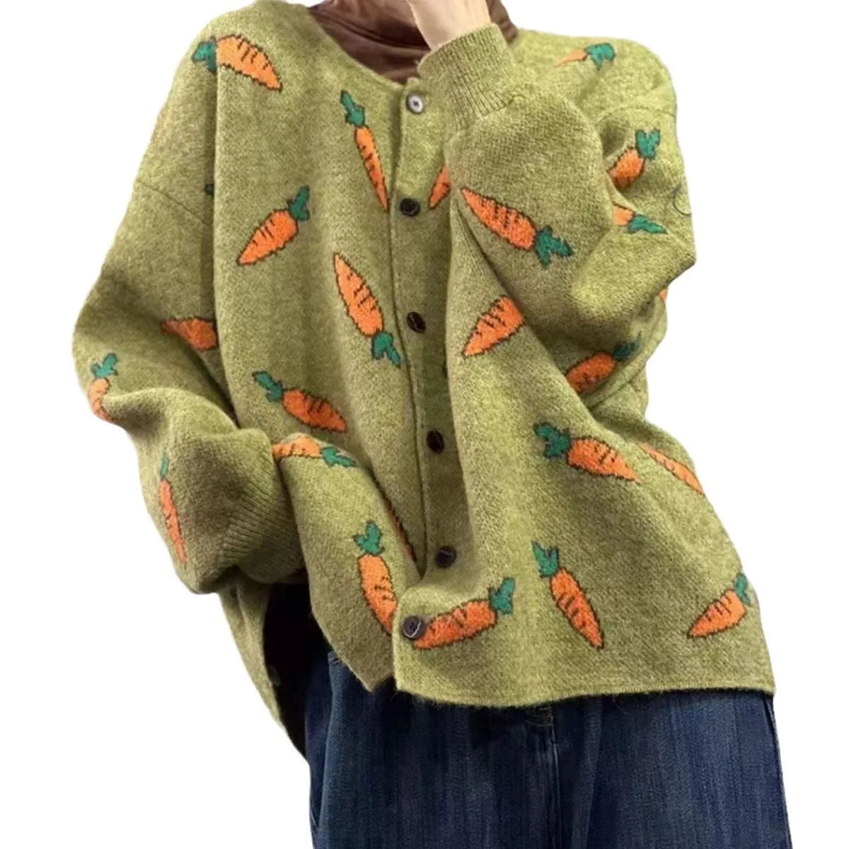 Round neck loose cardigan with Mori artistic colour contrast print, made from viscose fibre.