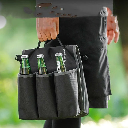Black and blue orange double-sided bicycle drink bag with 2 litre capacity mounted on a bike frame