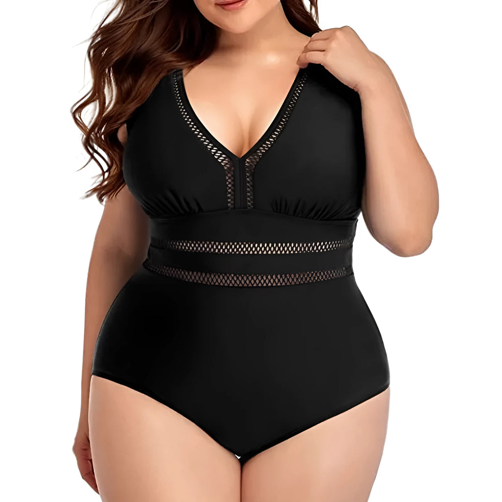 Black printed plus size bikini swimsuit for women with Siamese stitching on polyester mesh fabric