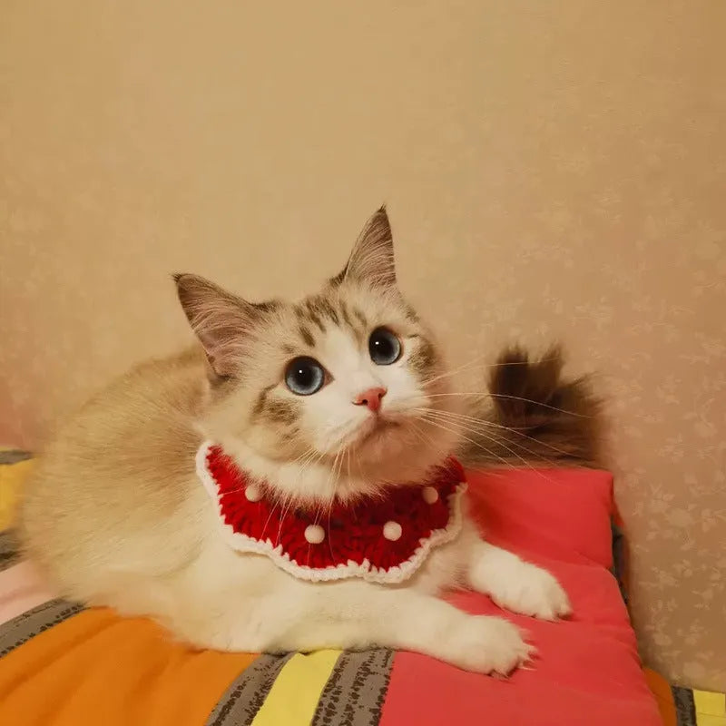 Hand-knitted milk cotton pet collar with cartoon pattern, shown in multiple sizes for cats, dogs, and rabbits.