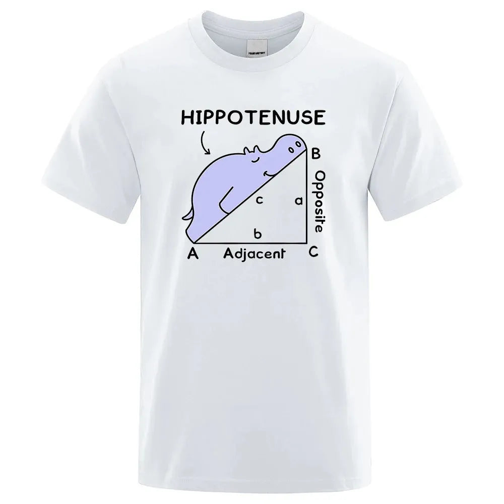Cotton loose fit t-shirt with black 'Hippotenuse Opposite Adjacent' text print on chest.