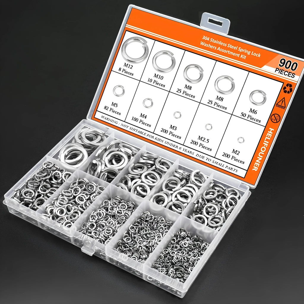 304 stainless steel spring lock washer combination box with 900 pieces covering M2 to M12 metric sizes