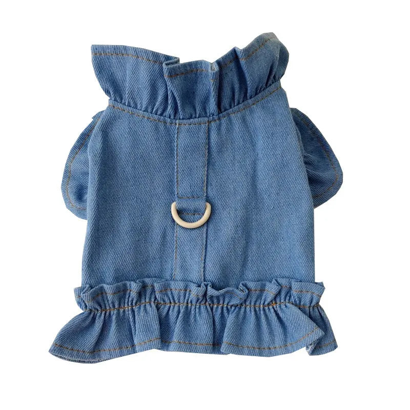 Blue denim dog dress with ruffles vest and back leash hook in five sizes