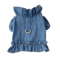 Blue denim dog dress with ruffles vest and back leash hook in five sizes