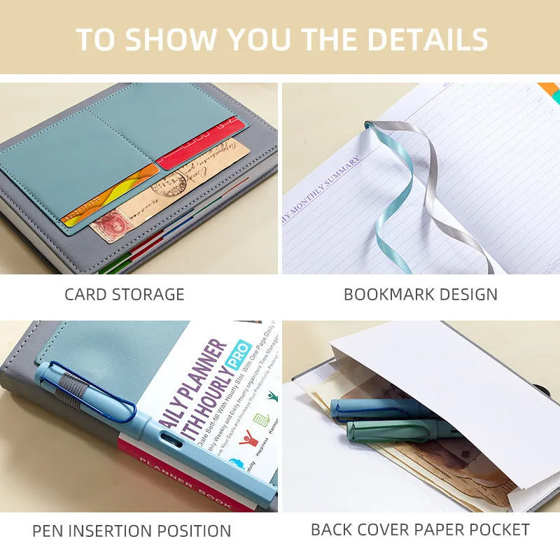 A5 undated notebook with PU cover in purple, open to show thread binding and wood-free paper.